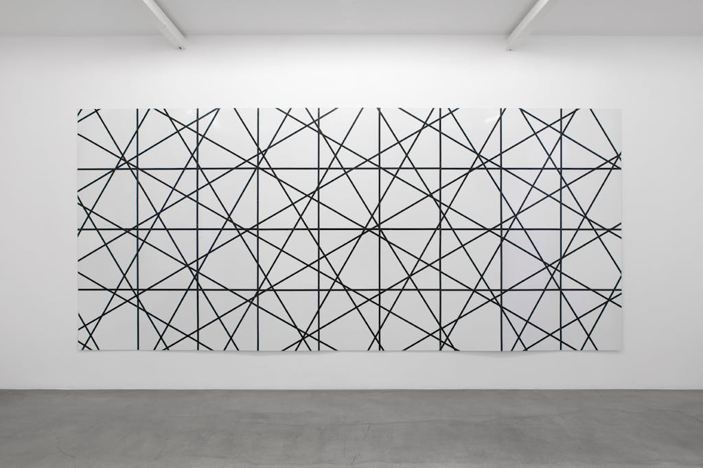 François Morellet
- 6 trames 0°, 30°, 60°, 90°, 120°, 150°, 1968
36 panels. Black tape on enameled plate. 240 x 540 cm overall.
36 x 36 cm each panel - © Mennour